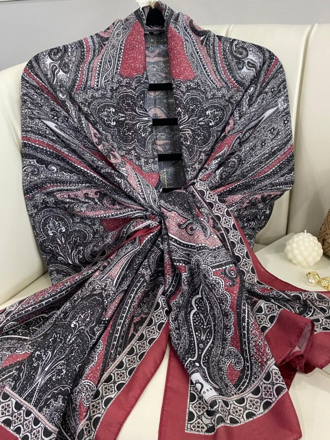 ÇİNİ DESEN PAMUK İPEKSİ ŞAL 12356- GİZEMLİ BORDO