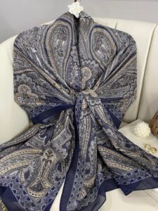 Çini Desen Pamuk İpek Şal - 7458- DUMANLI MAVİ