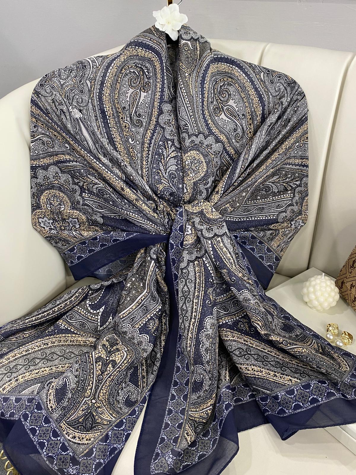 Çini Desen Pamuk İpek Şal - 7458- DUMANLI MAVİ