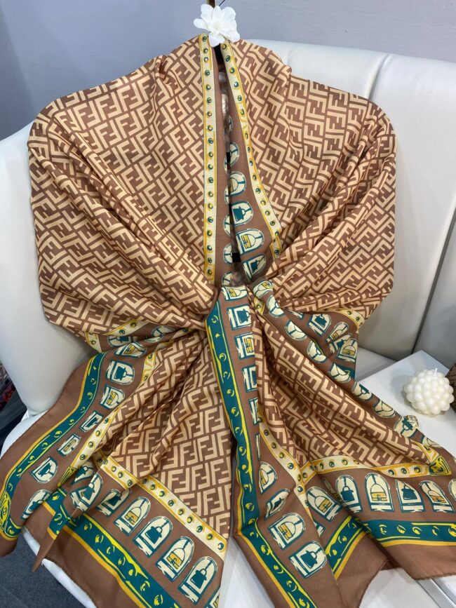 Fendi Monogram Pamuk Soft Şal 64302 - Kahve-Yeşil