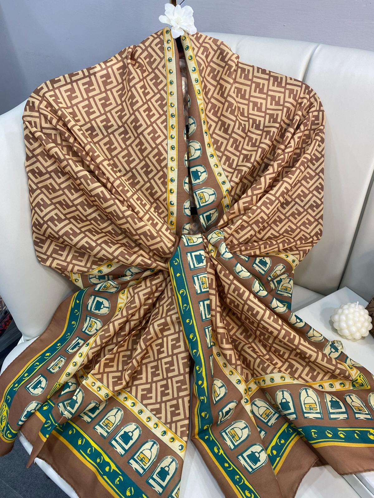 Fendi Monogram Pamuk Soft Şal 64302 - Kahve-Yeşil