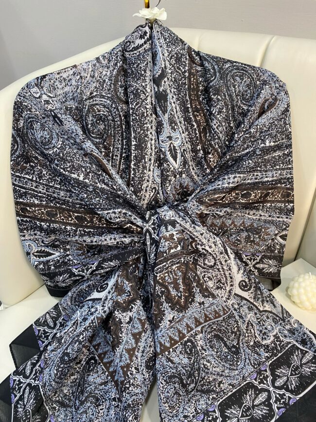 Etro Etnik Desen Pamuk İpek Şal  -23564 Siyah Mor