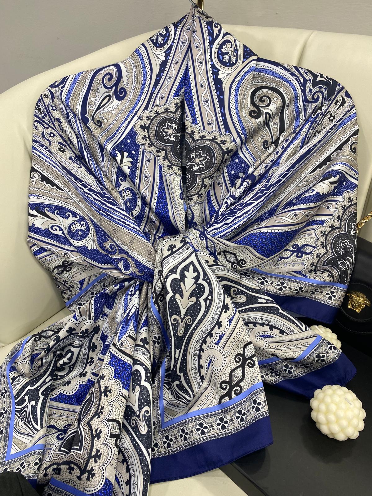 Rüzgar Desen Vual İpek Şal -122336- Gölge Laciverti