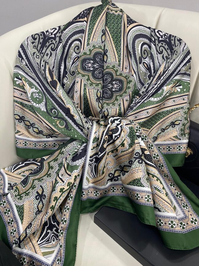 Rüzgar Desen Vual İpek Şal -122336-Zeytin Yeşili