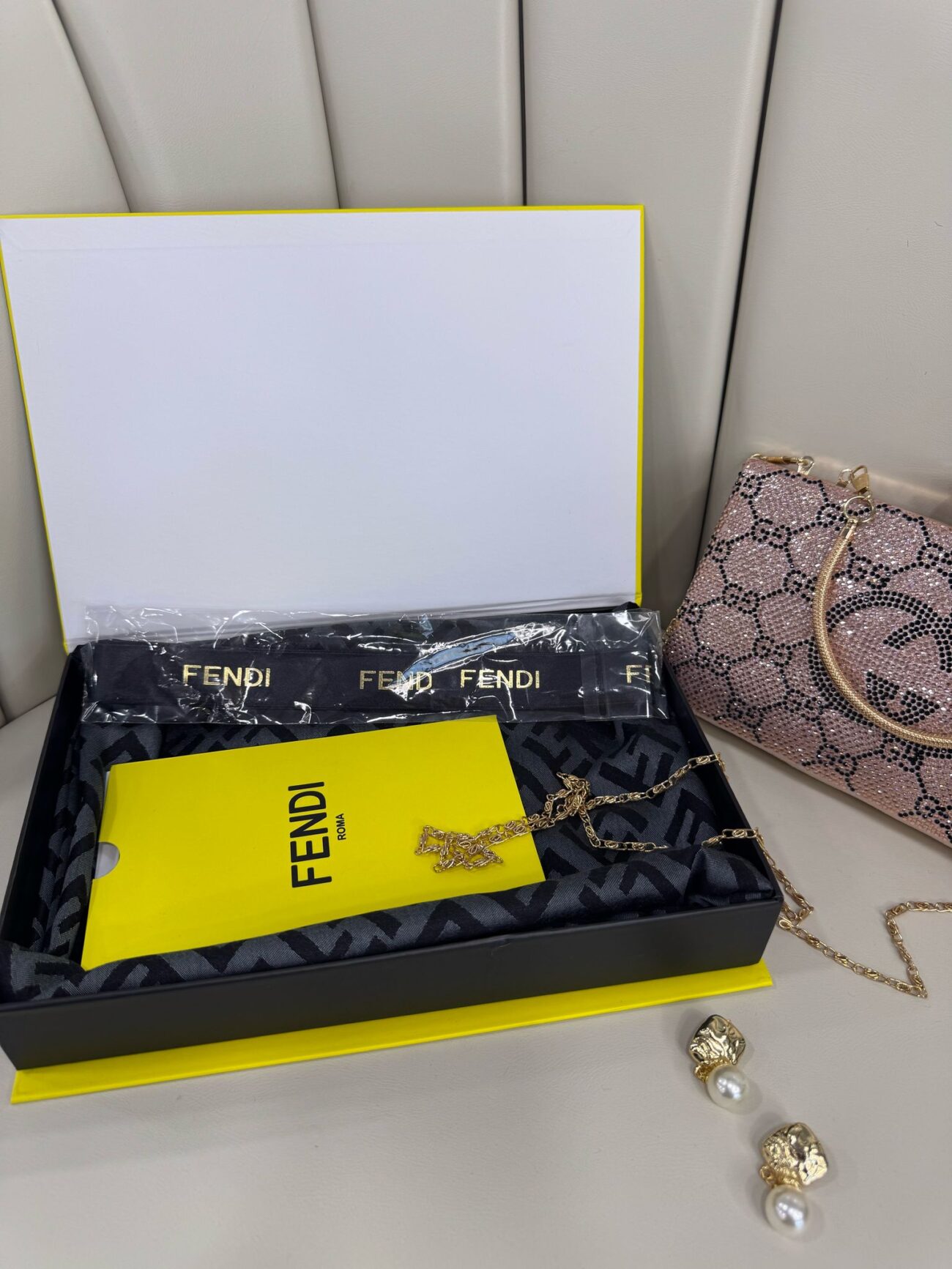 Fendi Tam Set Kutulu İthal Kaşmir İpek Şal - Antrasit