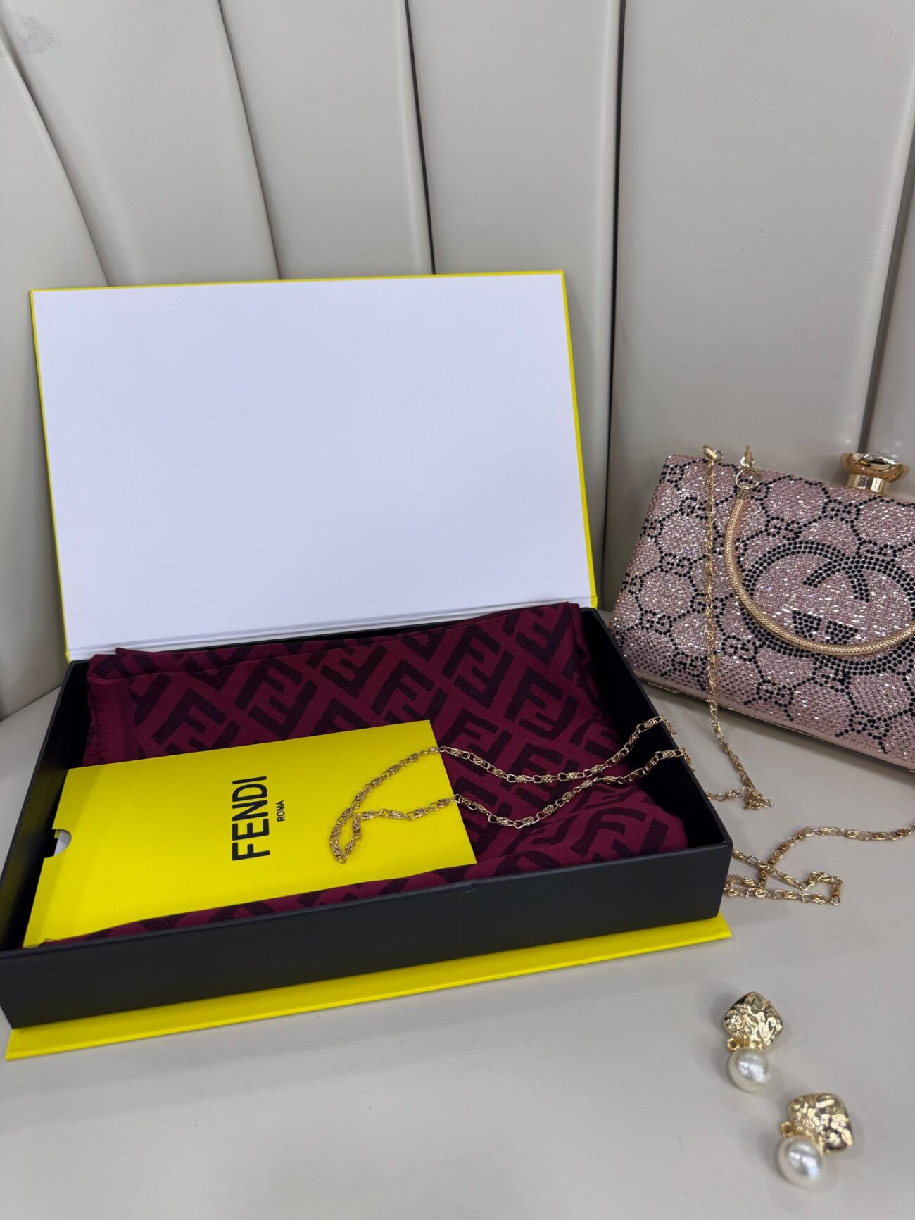 Fendi Tam Set Kutulu İthal Kaşmir İpek Şal - Bordo