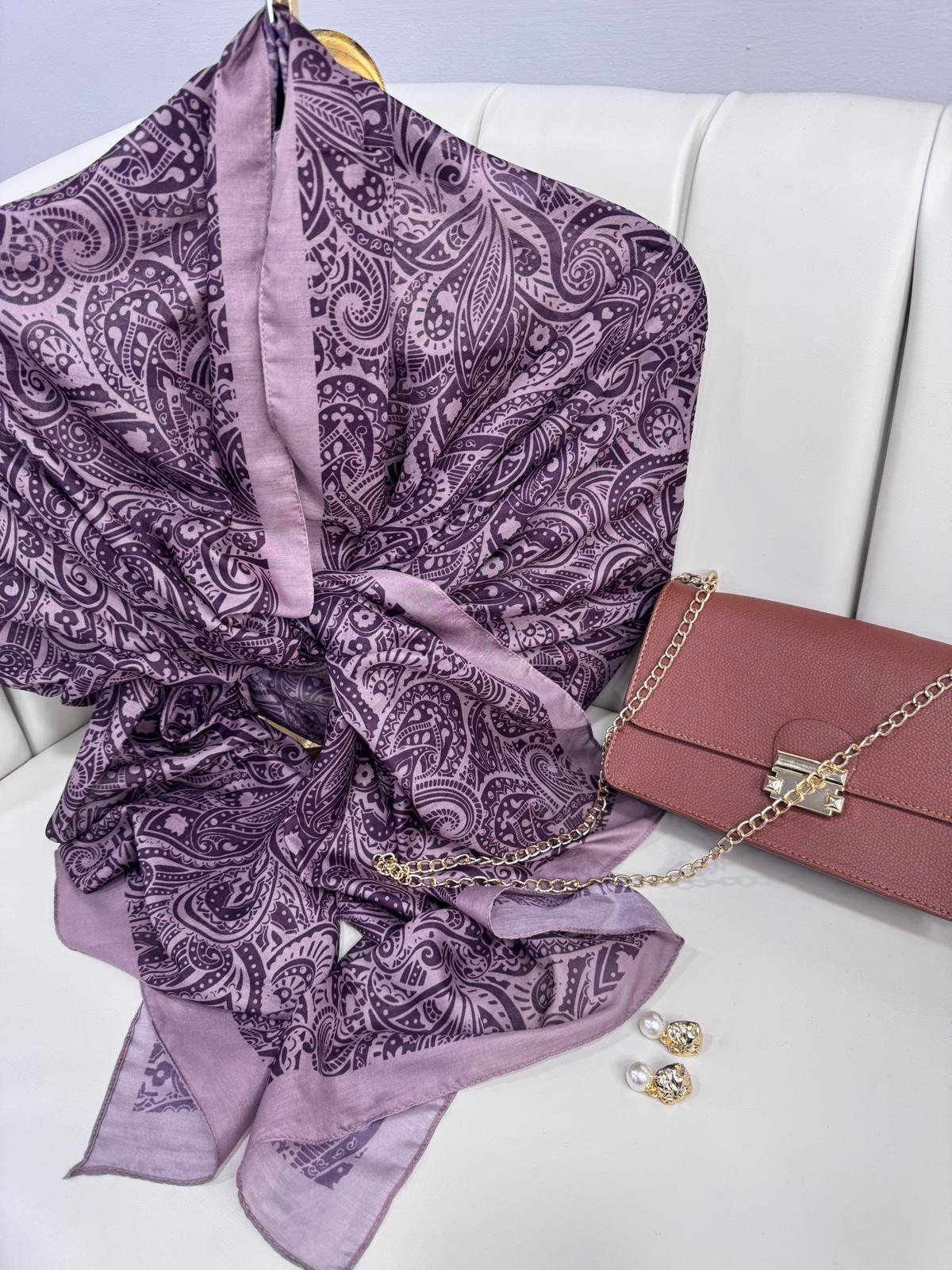 Mandala Desen Pamuk İpeksi Şal - 452366- Mor Menekşe