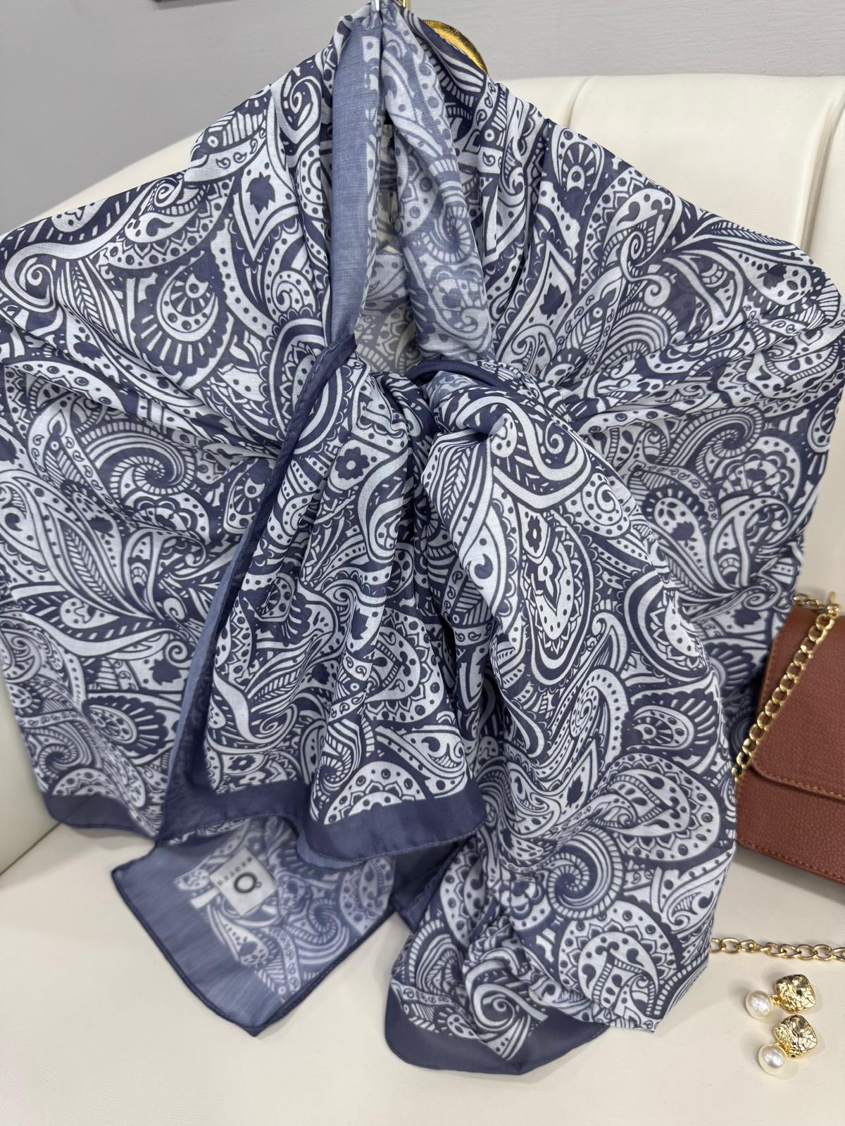 Mandala Desen Pamuk İpeksi Şal - 452366-Buz Mavisi