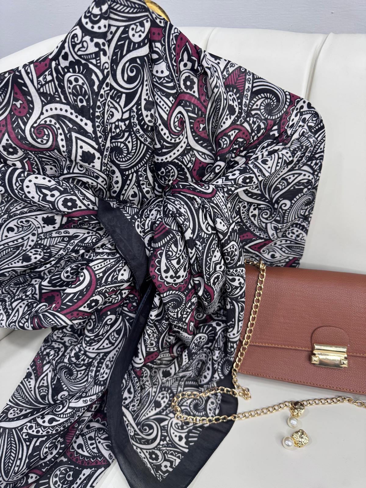 Mandala Desen Pamuk İpeksi Şal - 452366-Siyah Bordo