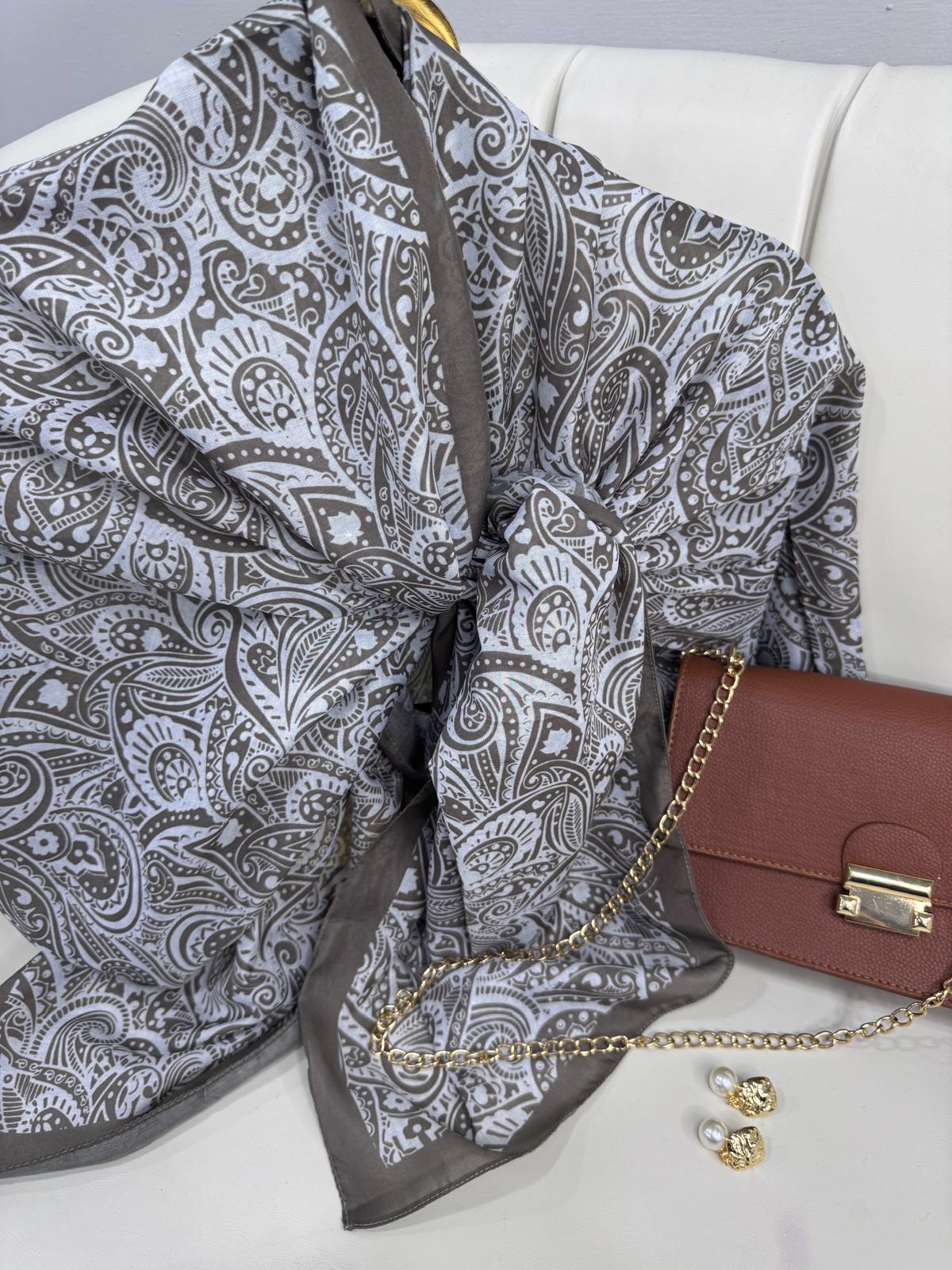 Mandala Desen Pamuk İpeksi Şal - 452366-Taş Gri