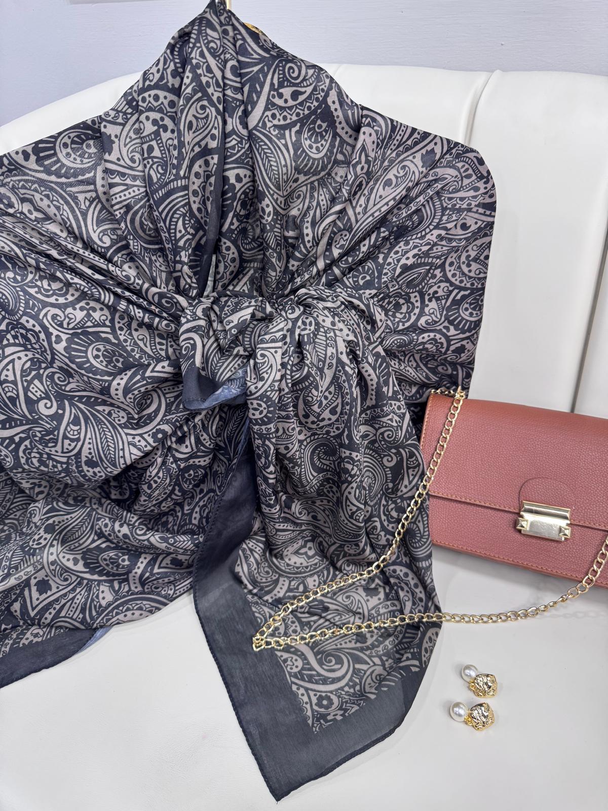 Mandala Desen Pamuk İpeksi Şal - 452366- Siyah