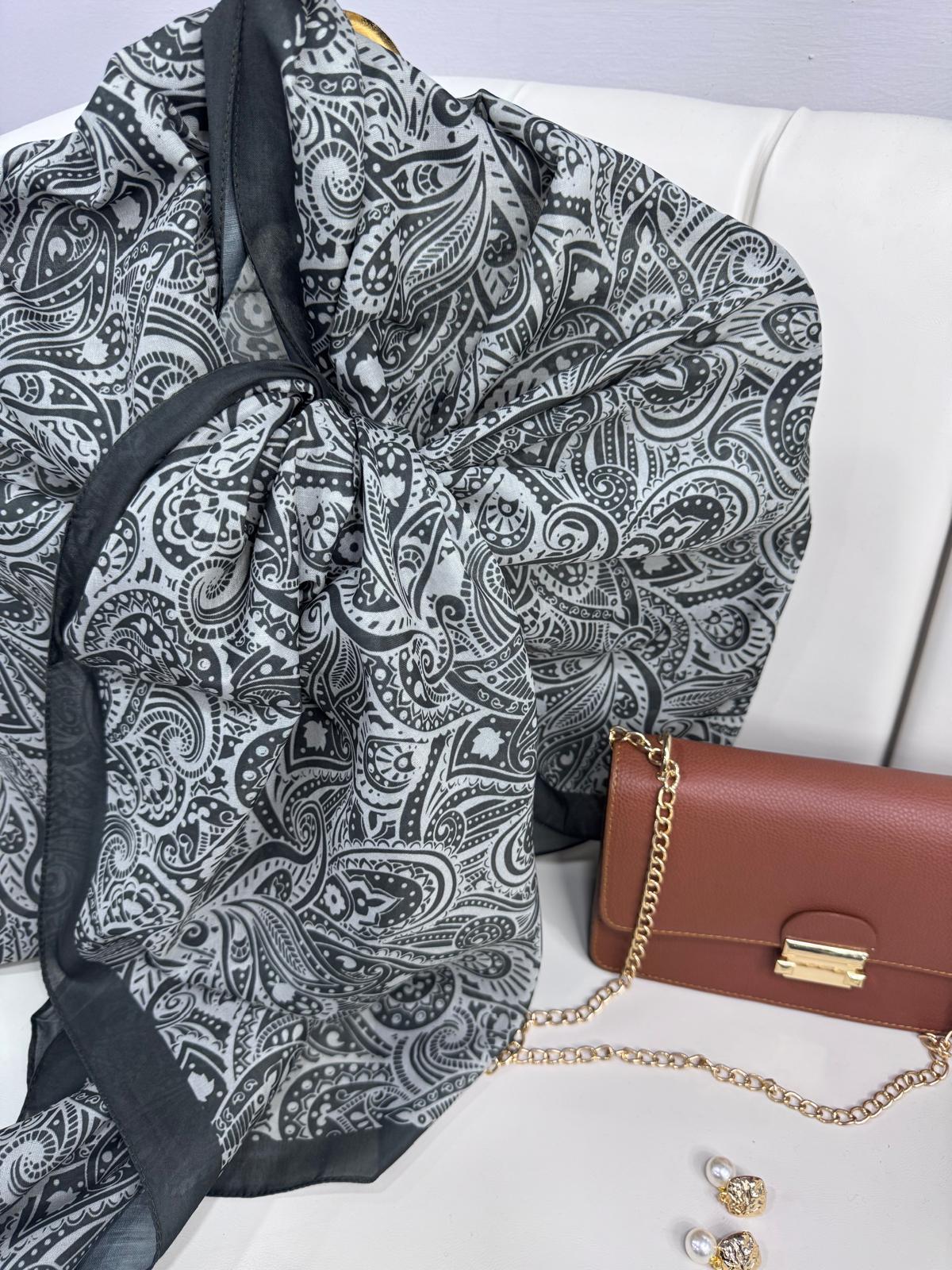 Mandala Desen Pamuk İpeksi Şal - 452366- Buz Gri