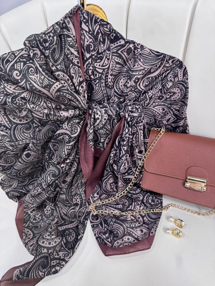 Mandala Desen Pamuk İpeksi Şal - 452366-vizon/siyah