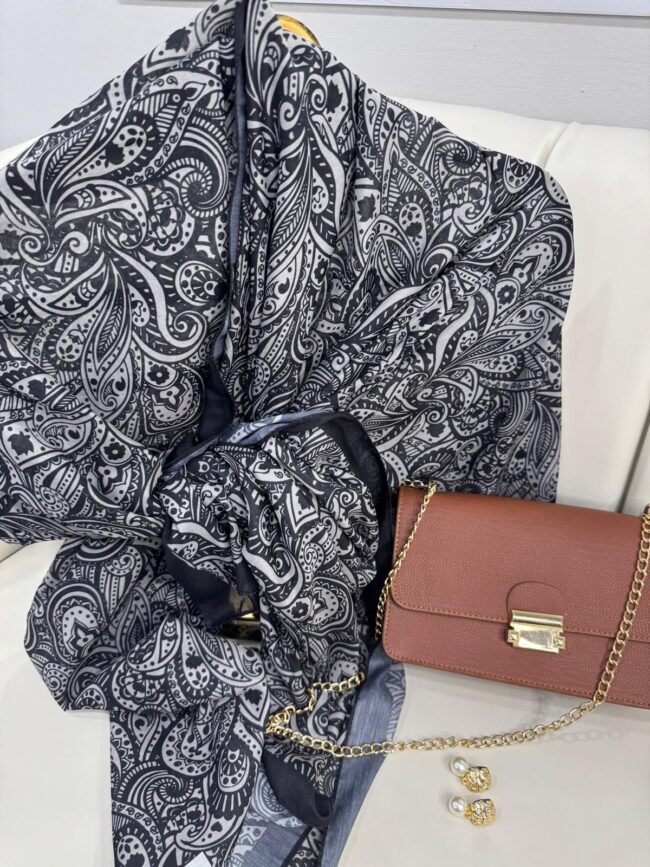 Mandala Desen Pamuk İpeksi Şal - 452366-Siyah Beyaz