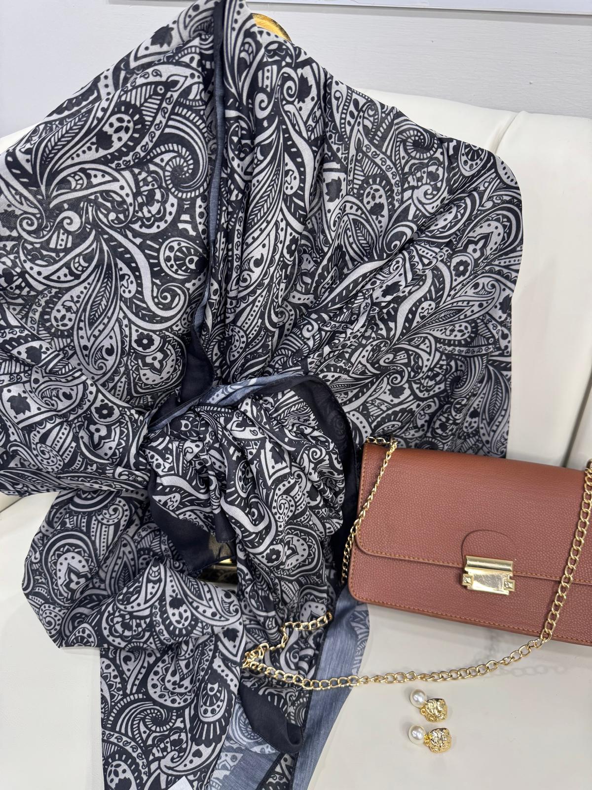 Mandala Desen Pamuk İpeksi Şal - 452366-Siyah Beyaz