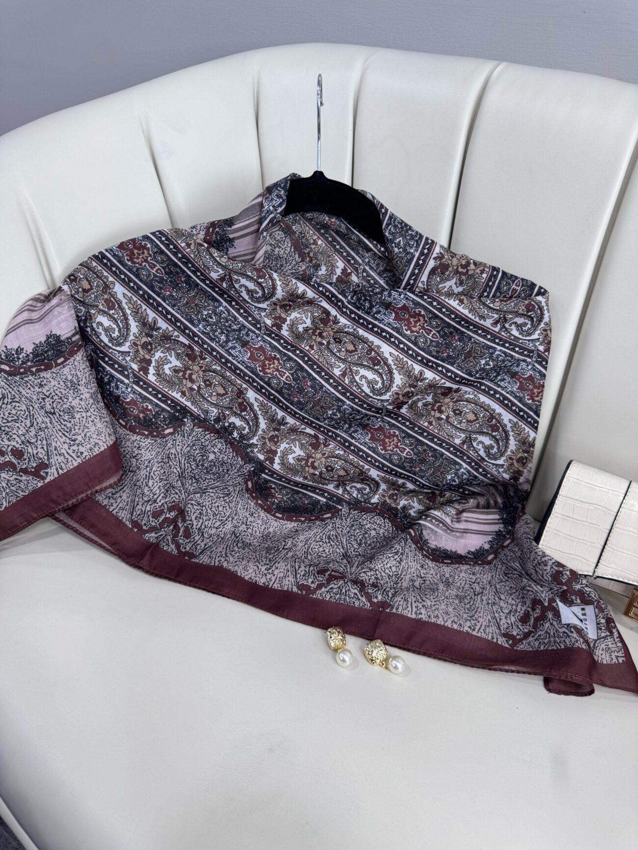 Retro Desen Pamuk İpeksi Eşarp -125698- Acı Kahve