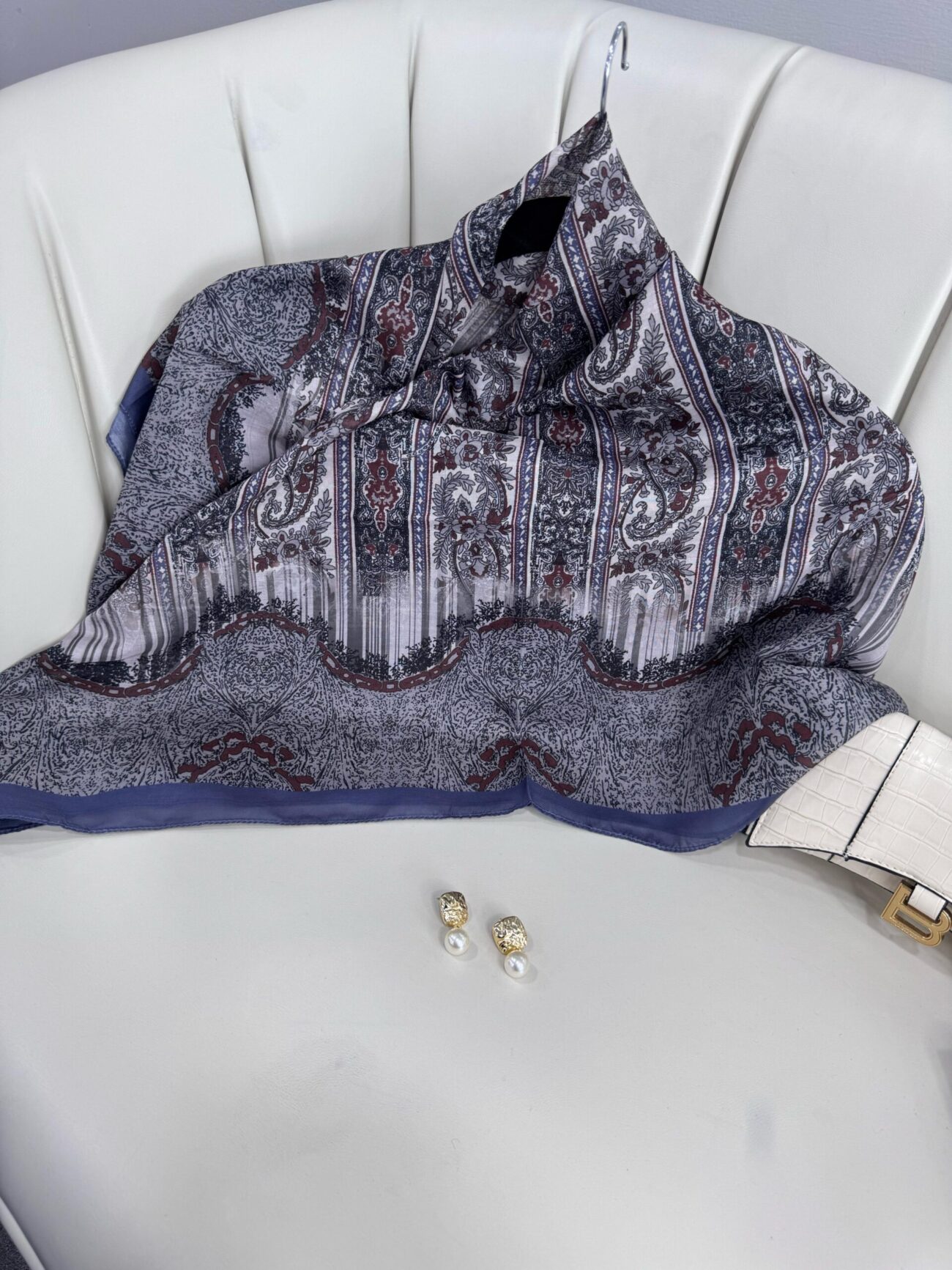 Retro Desen Pamuk İpeksi Eşarp -125698- Gök Mavisi