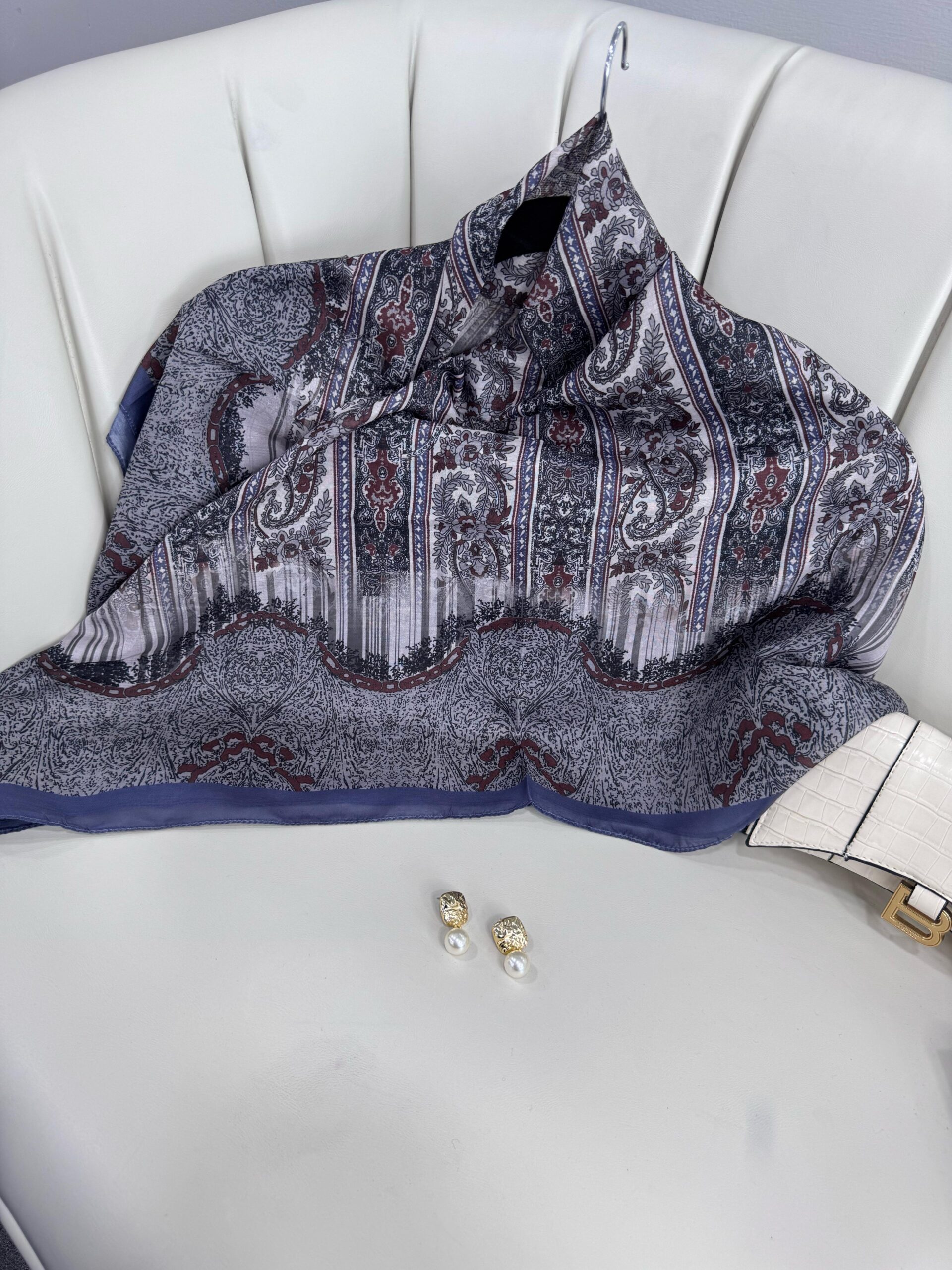 Retro Desen Pamuk İpeksi Eşarp -125698- Gök Mavisi