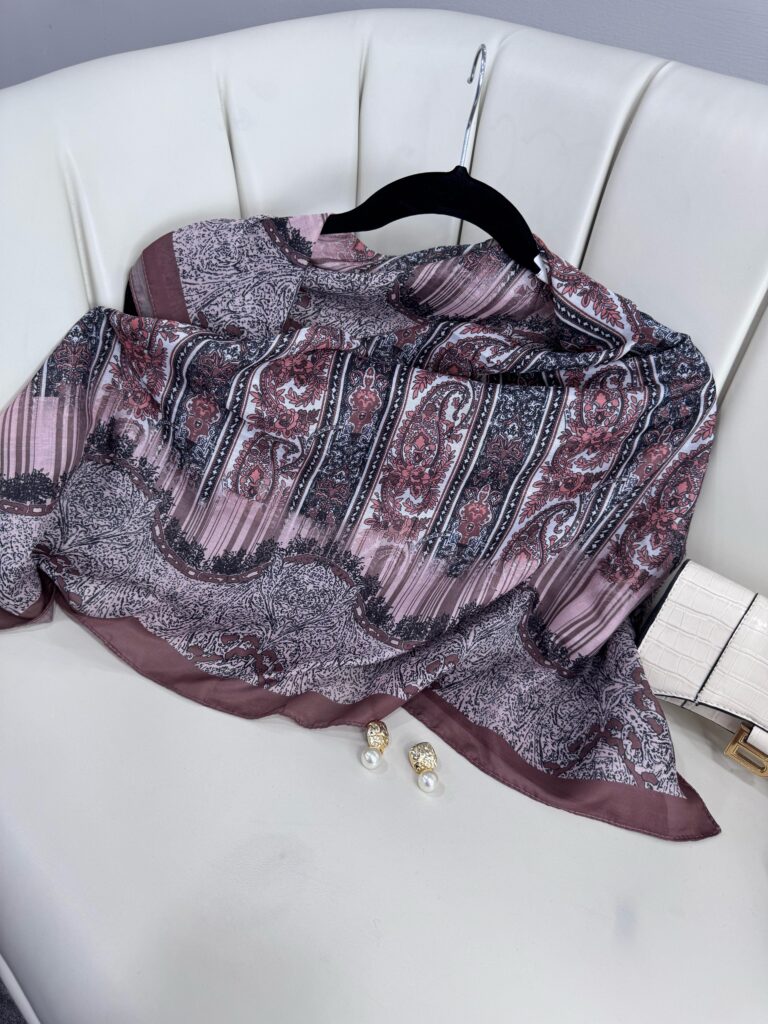 Retro Desen Pamuk İpeksi Eşarp -125698- Ceviz Kahvesi