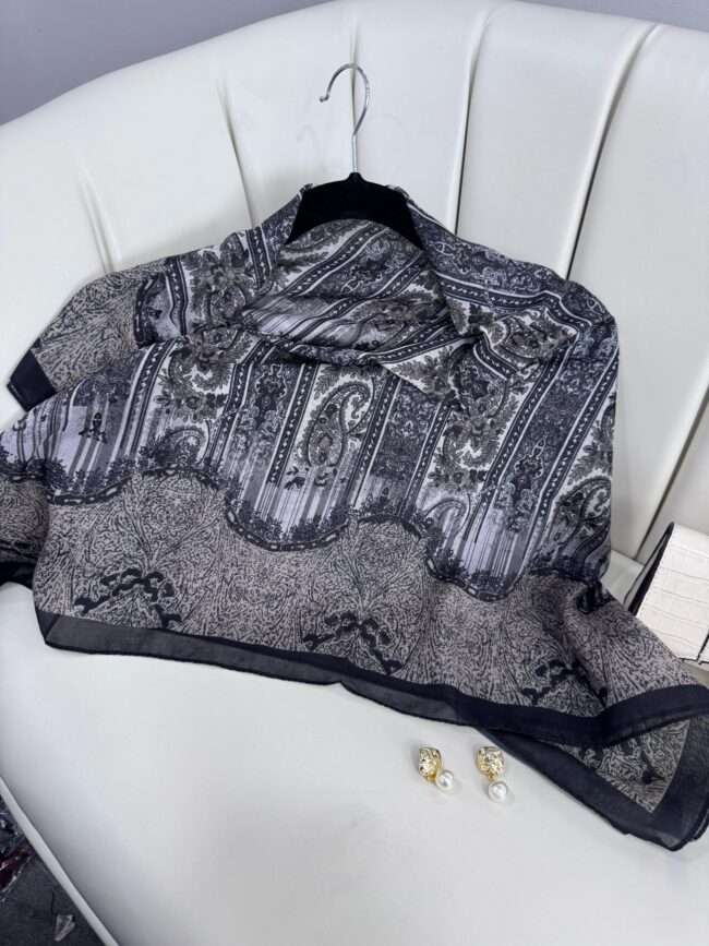 Retro Desen Pamuk İpeksi Eşarp -125698- Gece Mavisi