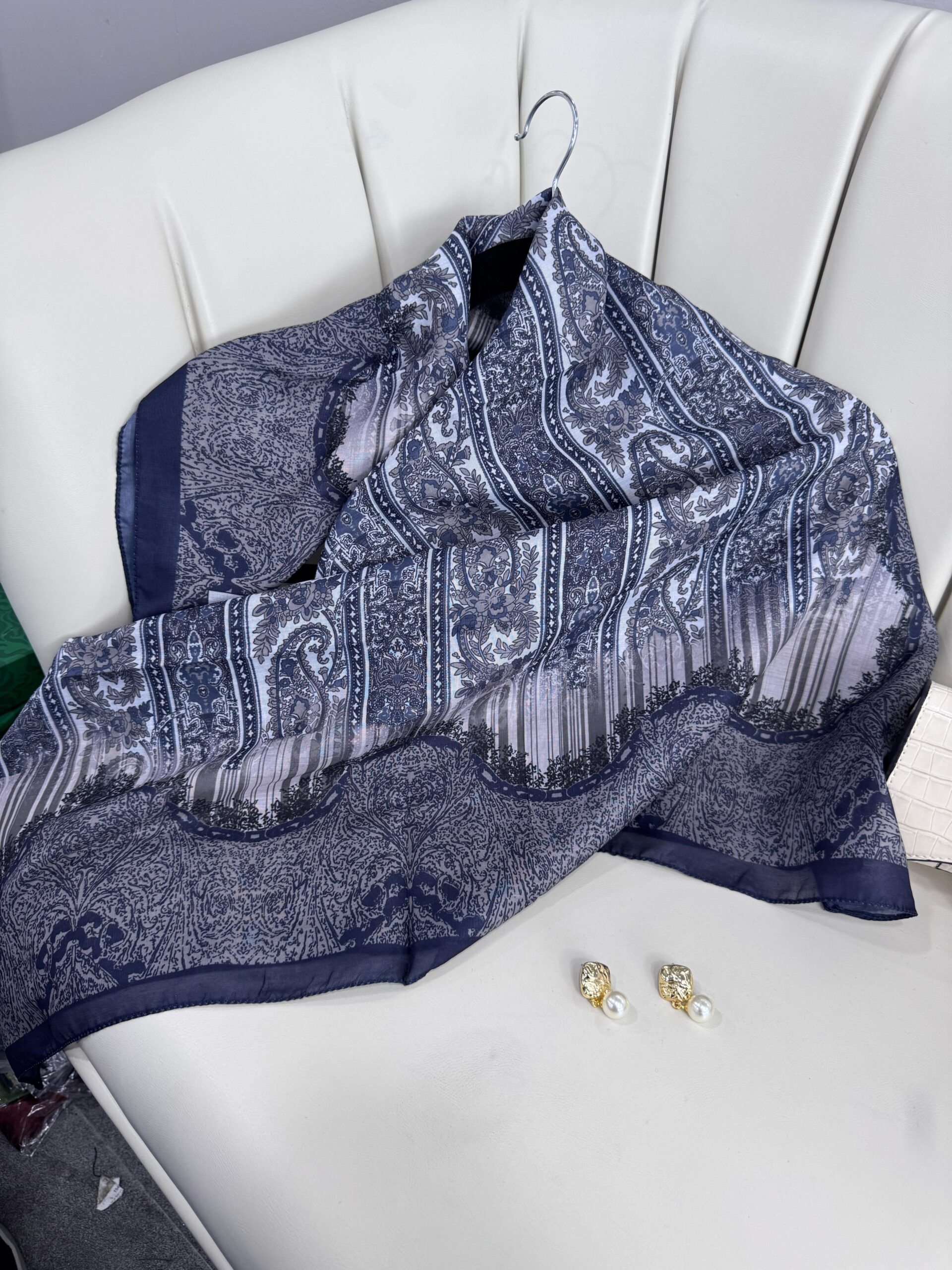 Retro Desen Pamuk İpeksi Eşarp -125698- Gölge Mavisi