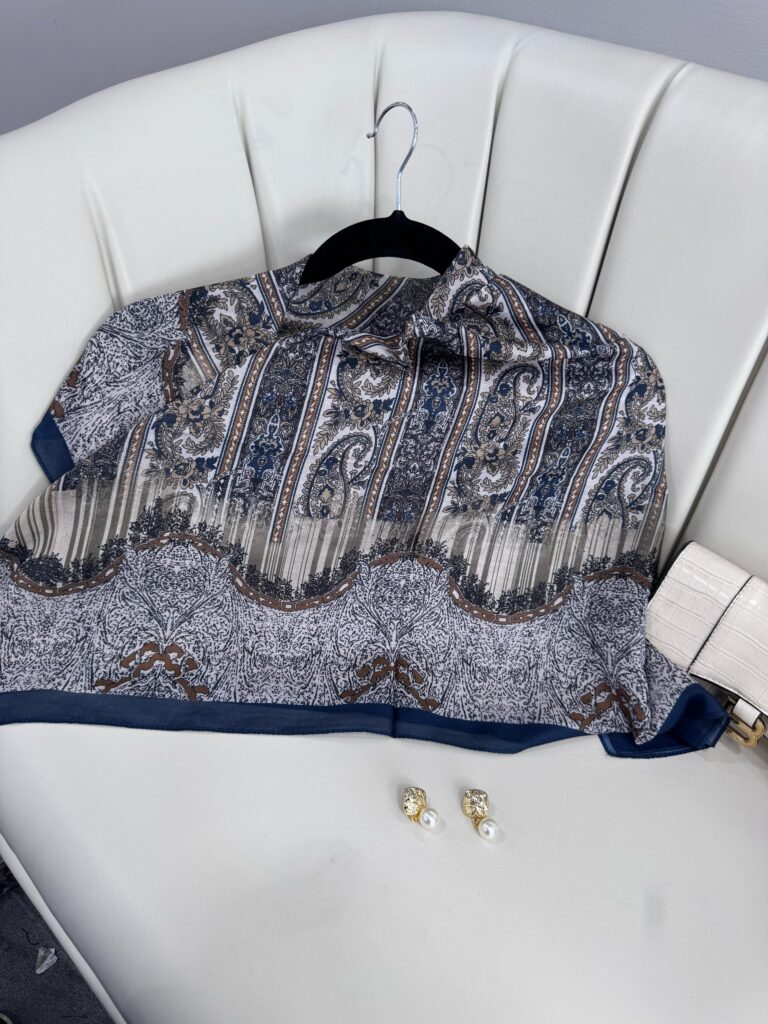 Retro Desen Pamuk İpeksi Eşarp -125698- Asfalt Mavisi