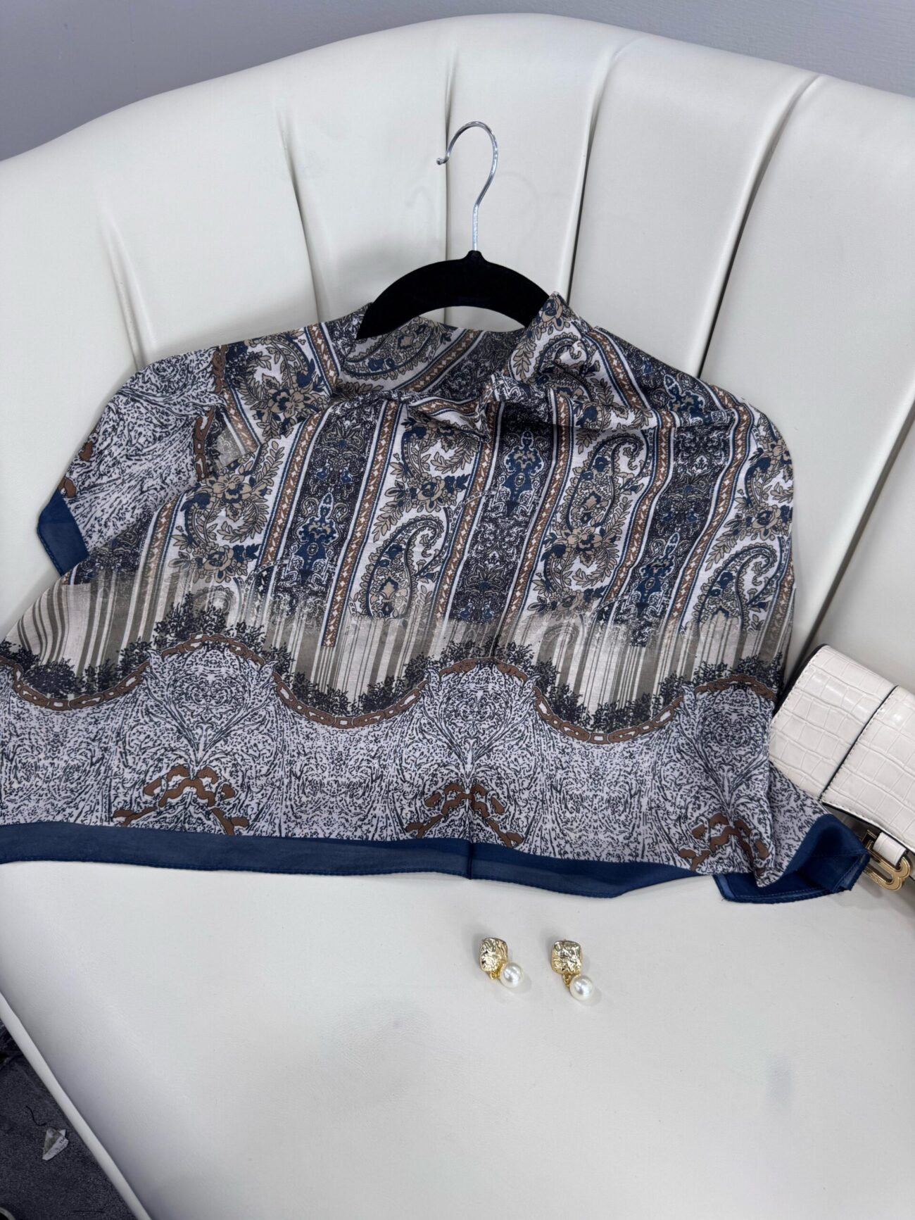 Retro Desen Pamuk İpeksi Eşarp -125698- Asfalt Mavisi