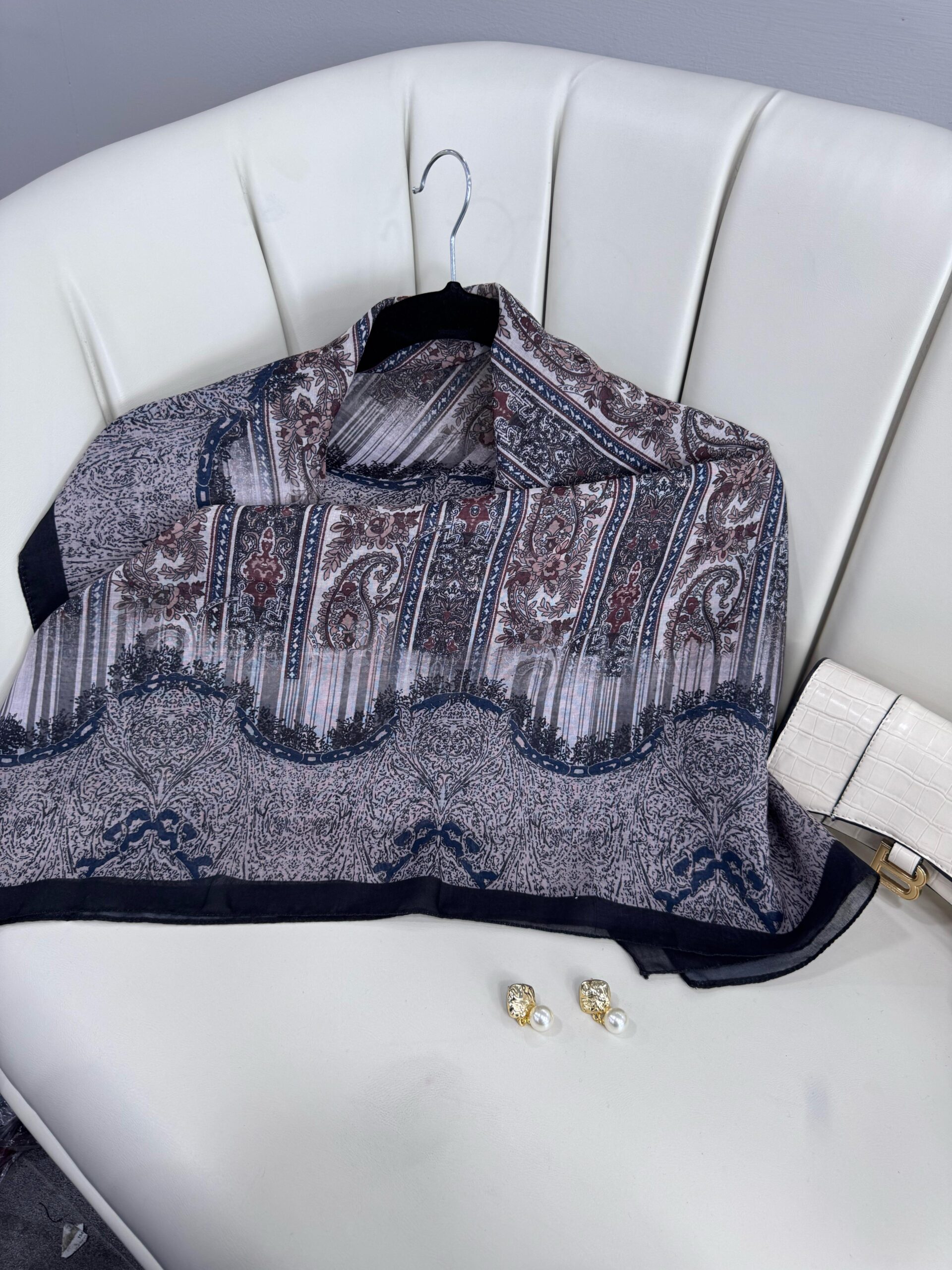 Retro Desen Pamuk İpeksi Eşarp -125698- Buz Mavisi