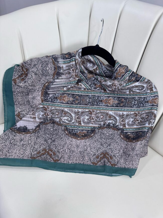 Retro Desen Pamuk İpeksi Eşarp -125698-  Kavak Yeşili