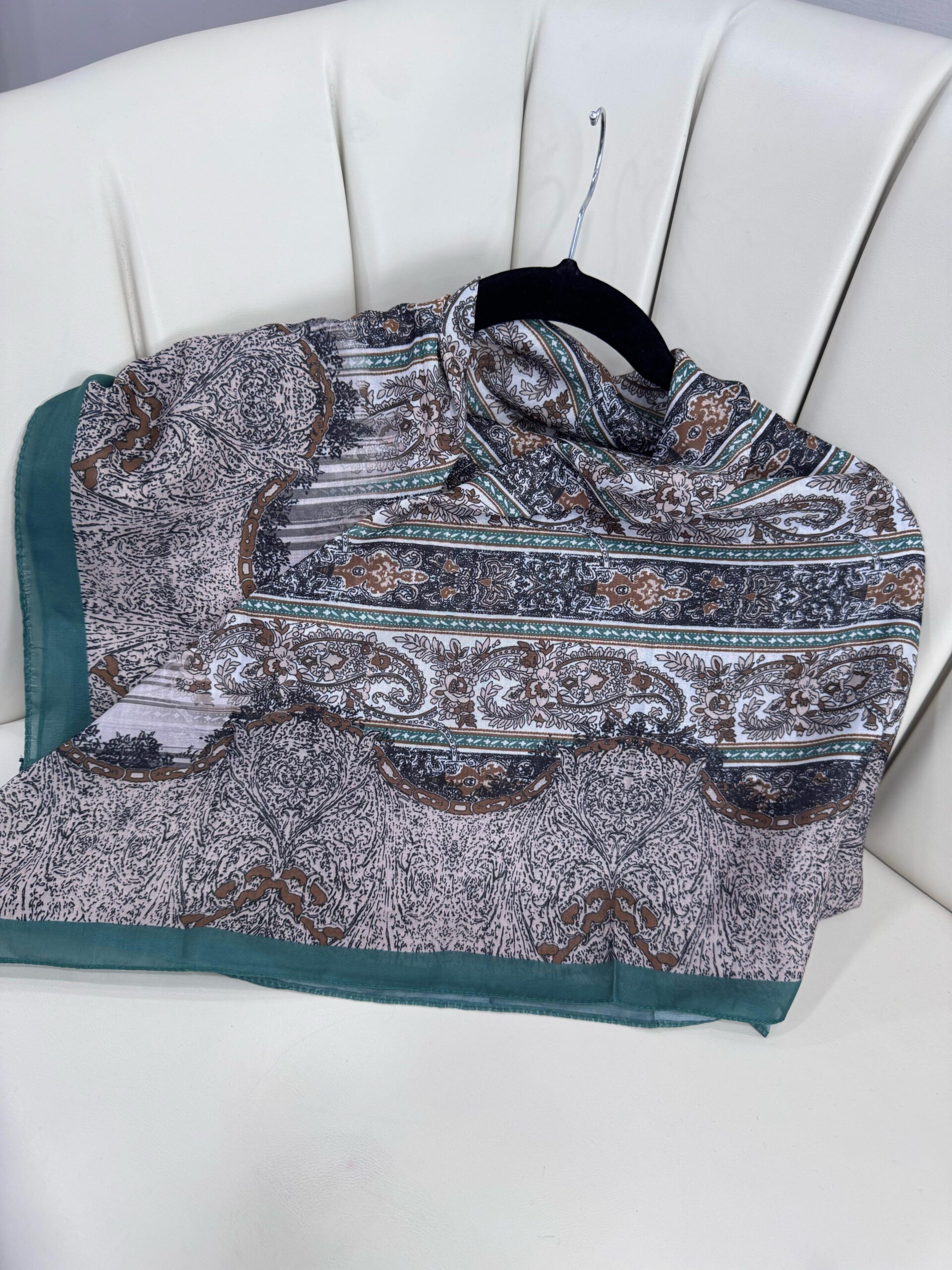 Retro Desen Pamuk İpeksi Eşarp -125698-  Kavak Yeşili