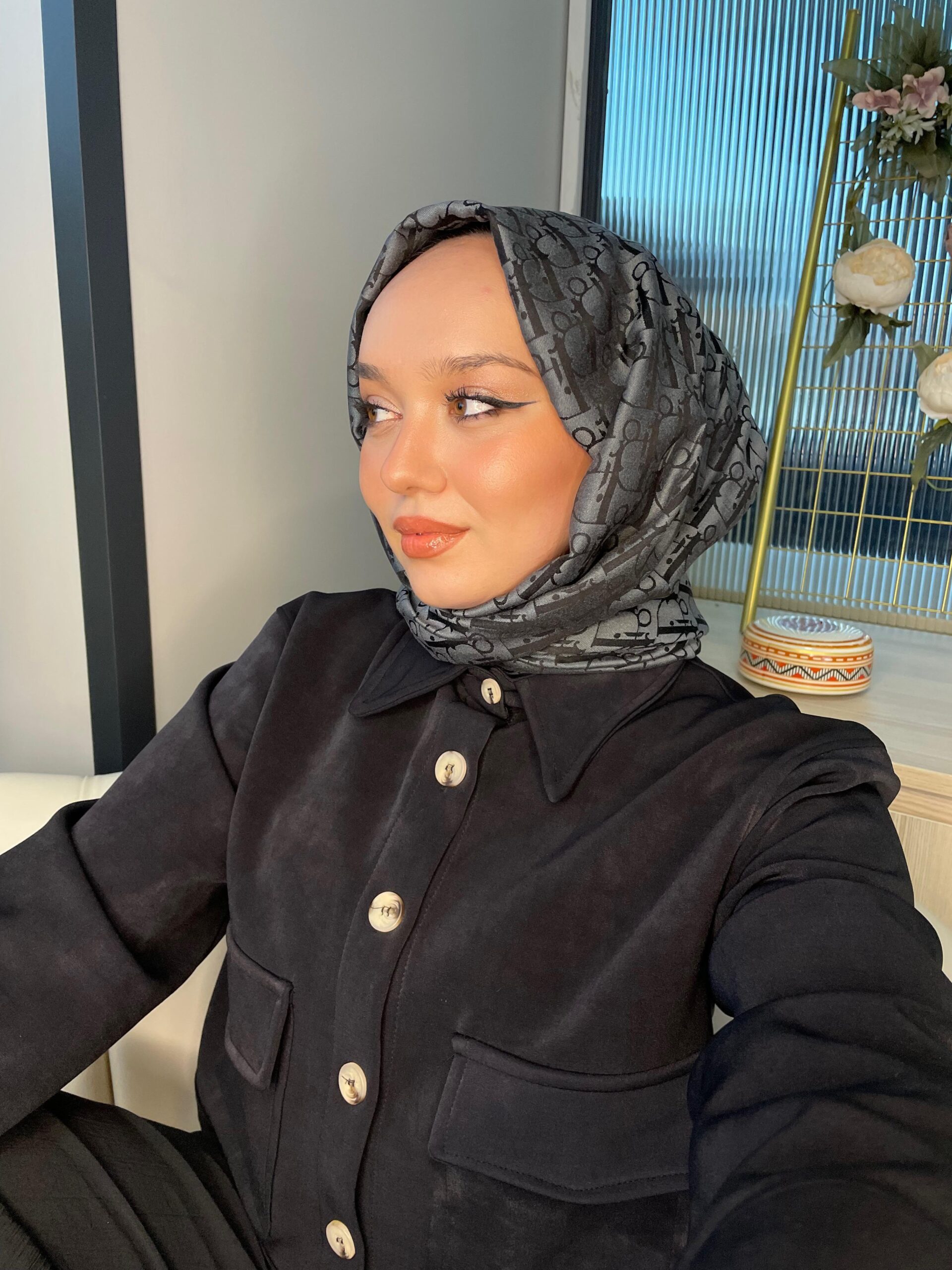 Dior Desenli İpek Kaşmir Çift Taraflı Şal 78002  - Antrasit