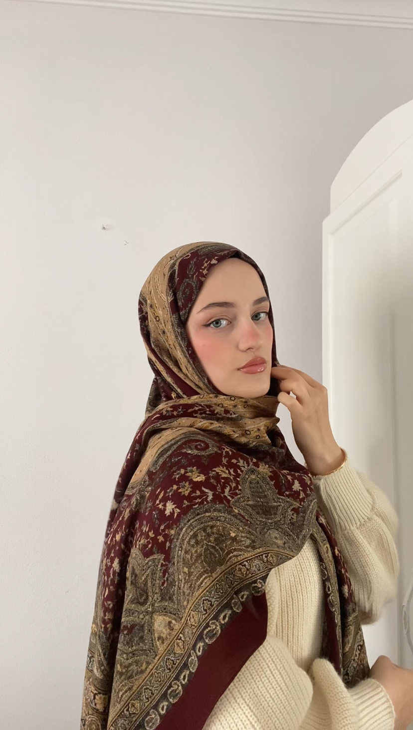 Touch İthal Etnik Desen Pamuk İpek Şal -35330 - Bordo Altın