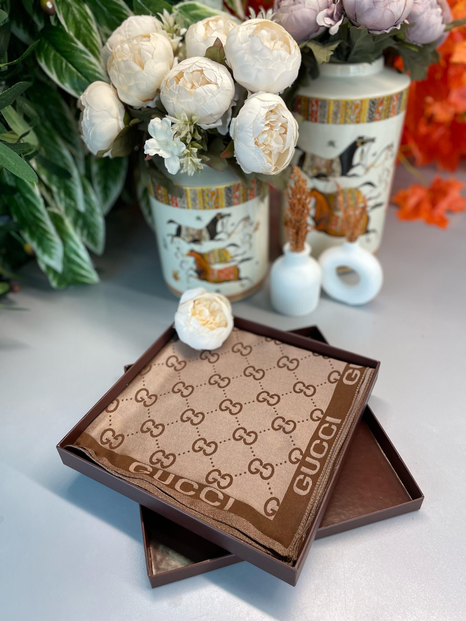 GUCCİ ÇİFT TARAFLI KAŞMİR İPEK EŞARP 7859- KAHVE