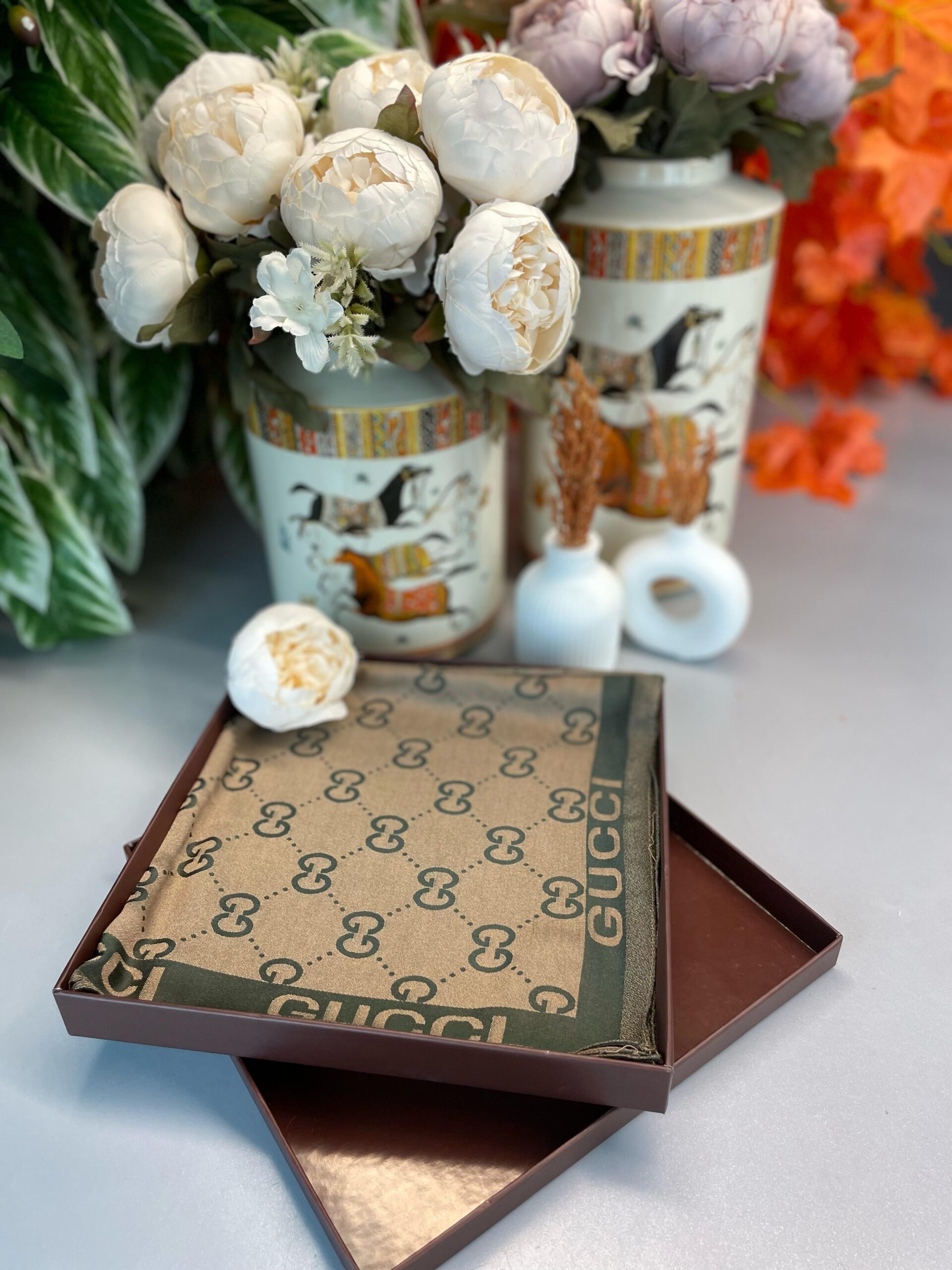 GUCCİ ÇİFT TARAFLI KAŞMİR İPEK EŞARP 7859- VİZON-HAKİ