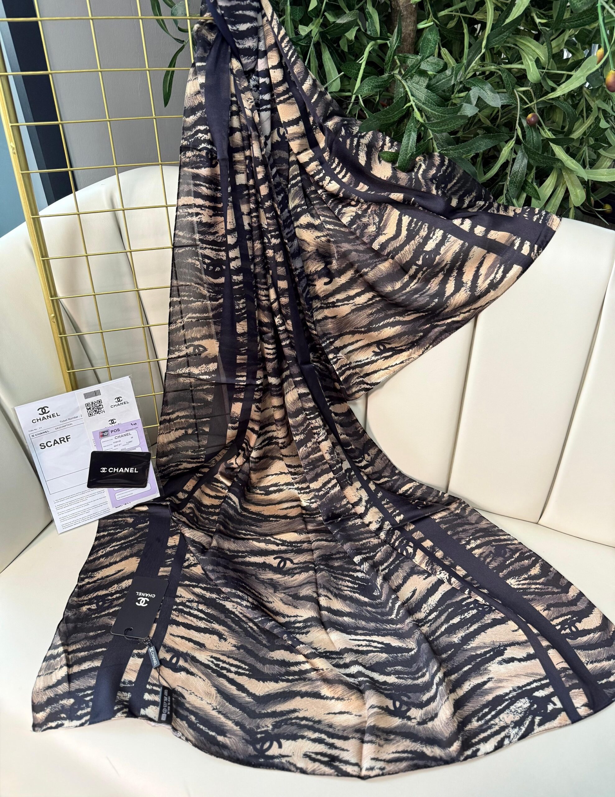 Channel Çizgili leopar çifttaraflı vual ipek şal-43080 Siyah