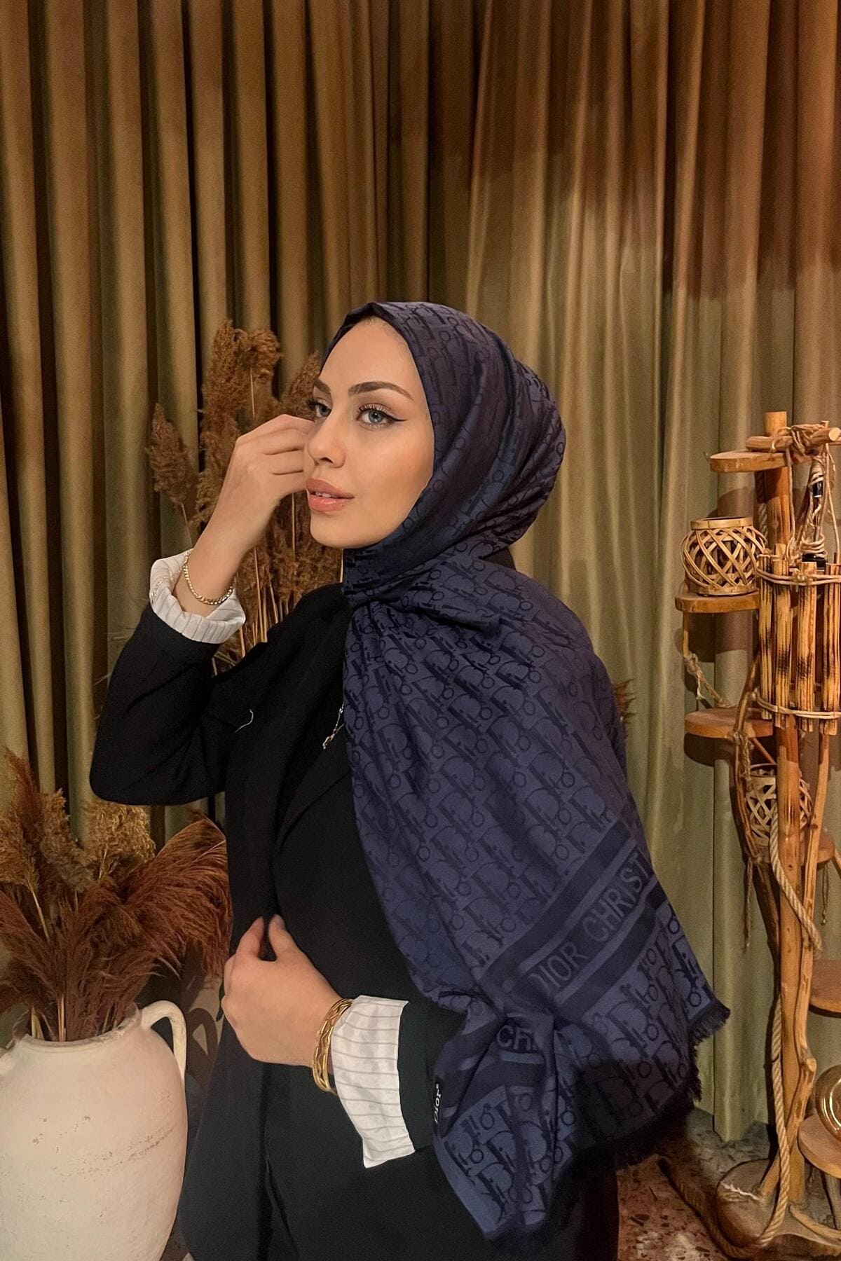 Dior Desenli İpek Kaşmir Çift Taraflı Şal 78002 - Lacivert