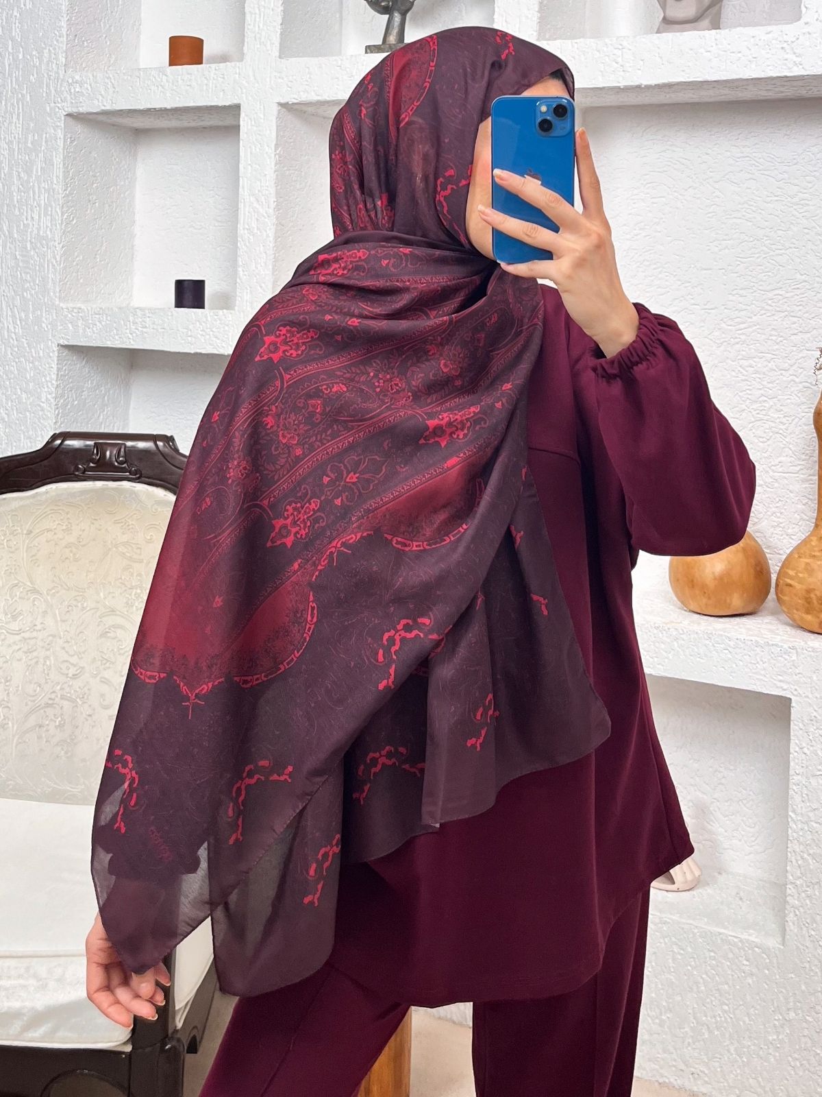 Sarmaşık Desen Pamuk İpek Şal -41200- Vişne Çürüğü