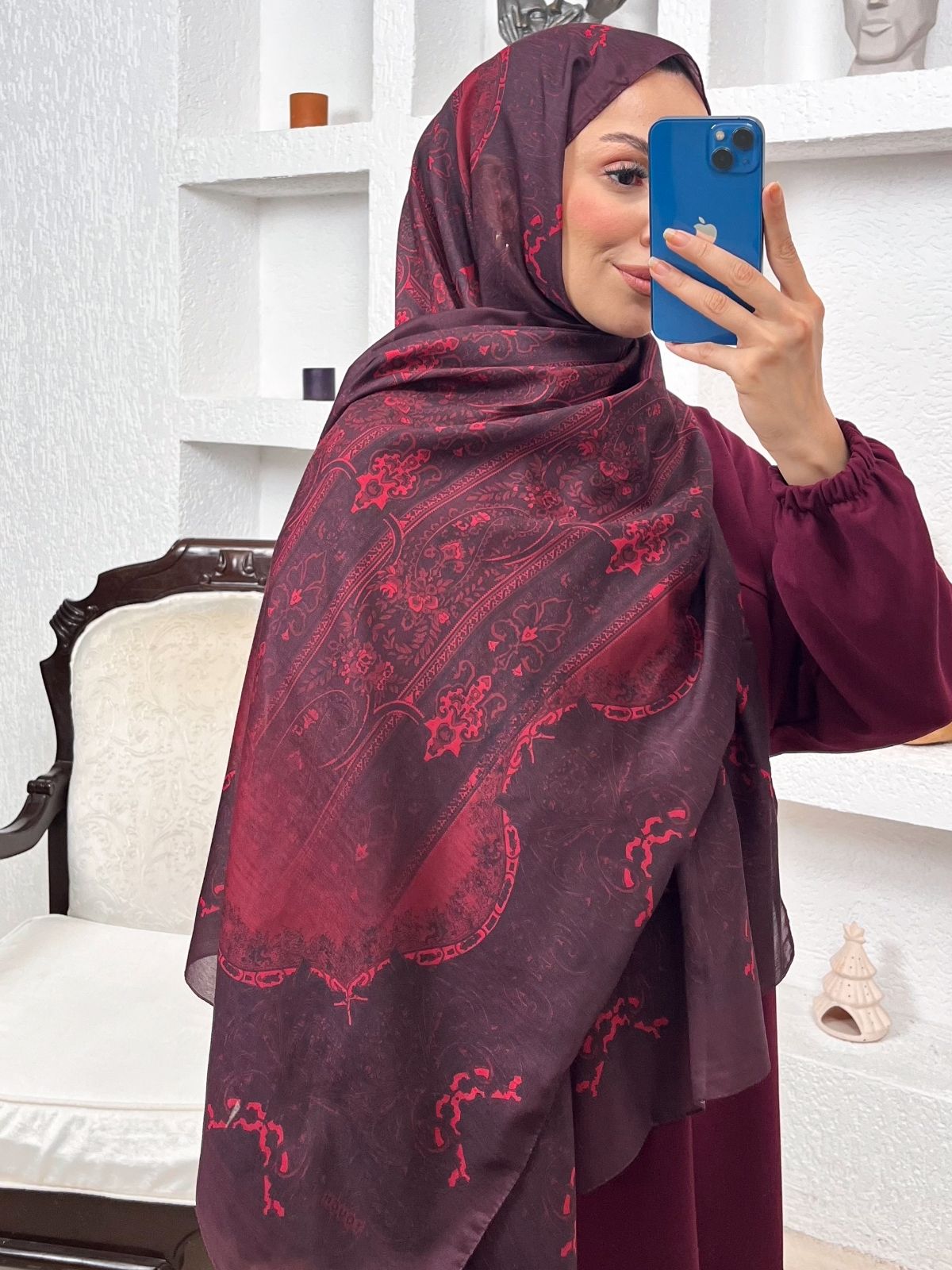 Sarmaşık Desen Pamuk İpek Şal -41200- Vişne Çürüğü - Görsel 2