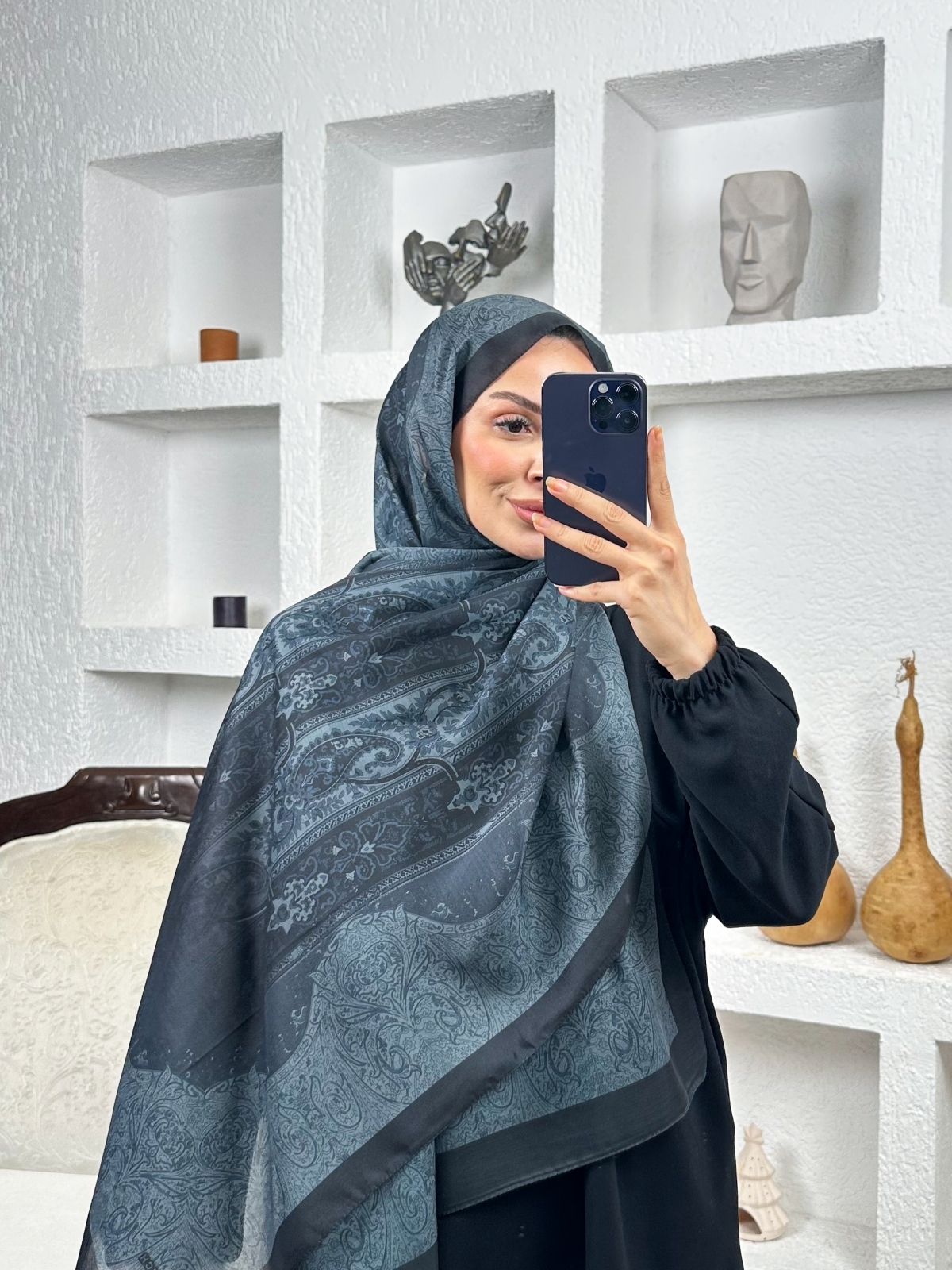 Sarmaşık Desen Pamuk İpek Şal -41200- Siyah