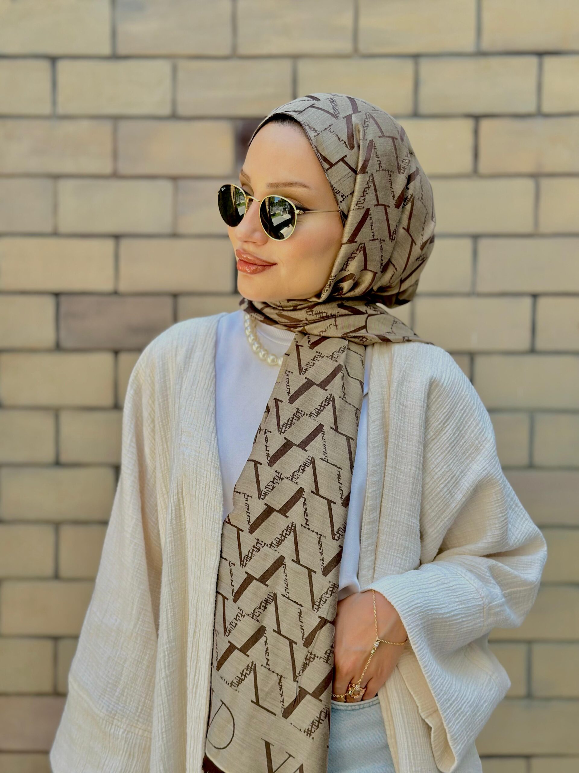 Valentino Çift Taraflı İtalyan Pamuk İpek Şal 44117 - Kahve Bej