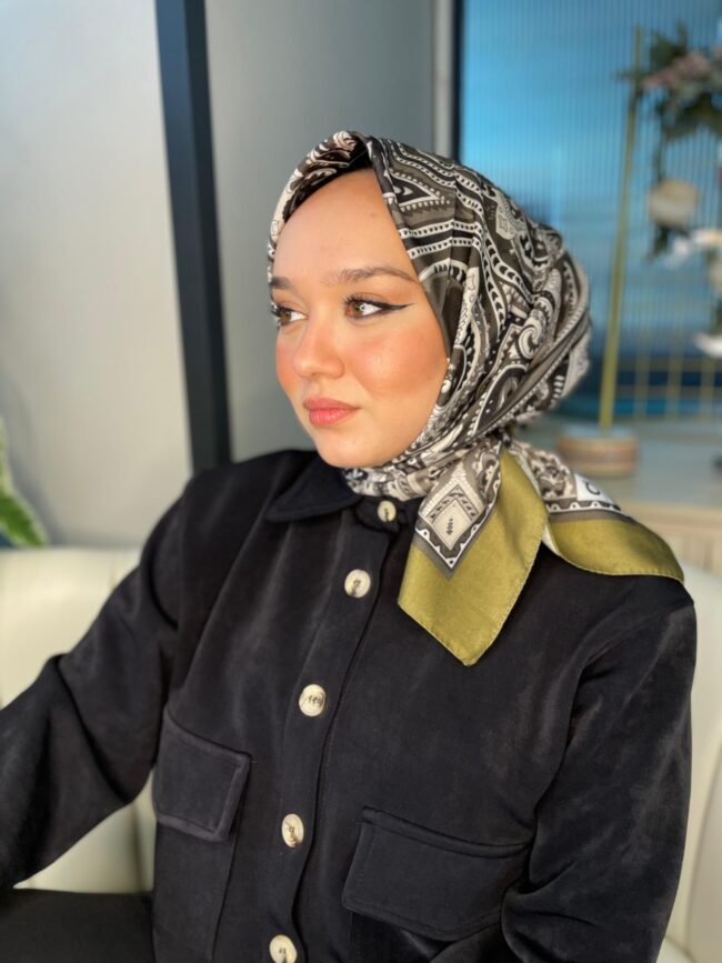 Retro Desen Pamuk Soft Eşarp 27092 - Yağ Yeşili