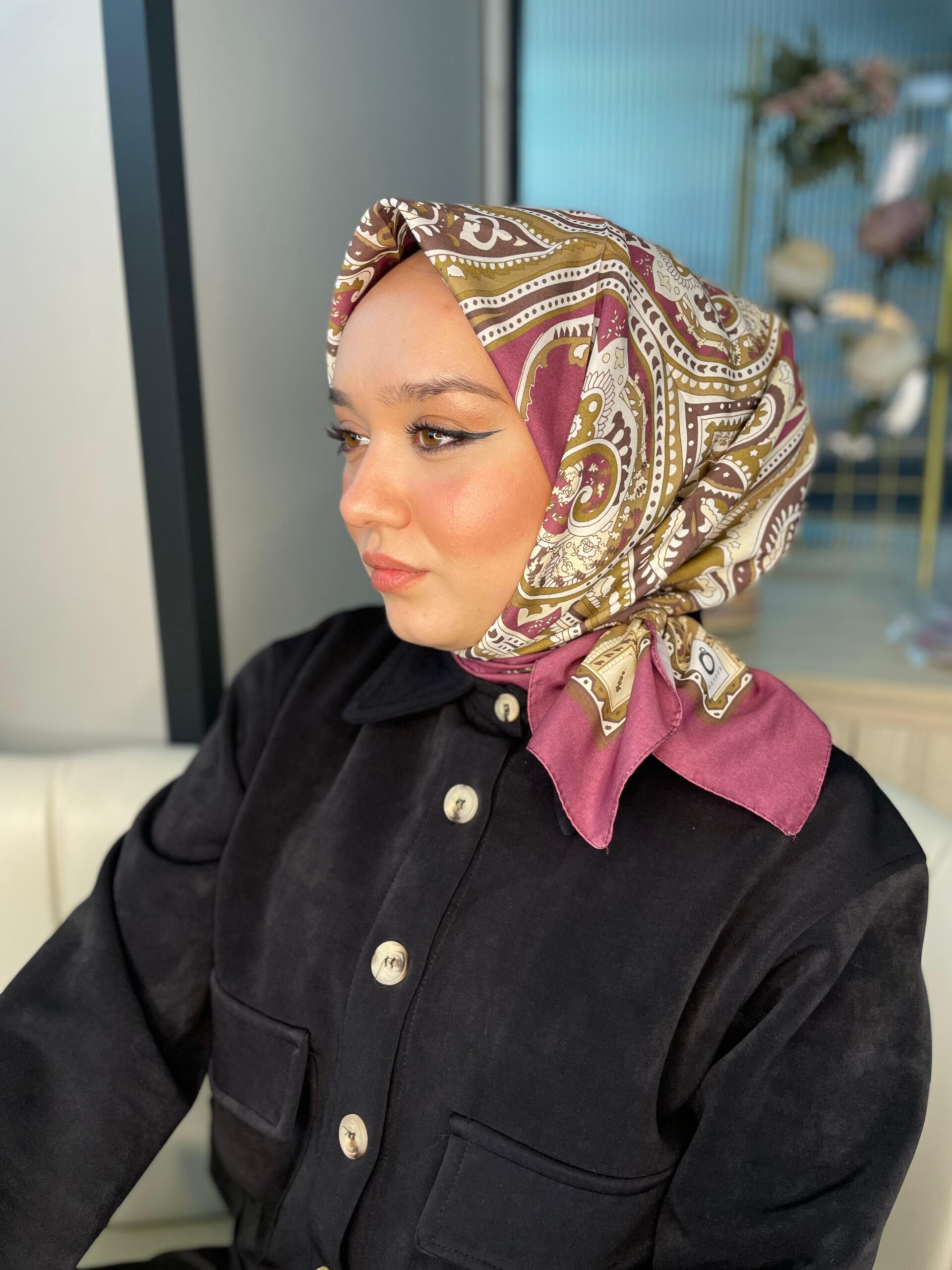 Retro Desen Pamuk Soft Eşarp 27092 - Gül Kurusu