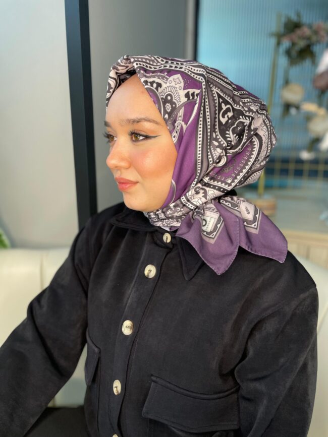 Retro Desen Pamuk Soft Eşarp 27092 - Mor