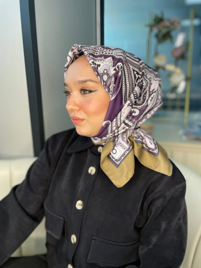 Retro Desen Pamuk Soft Eşarp 27092 - Mor-Camel