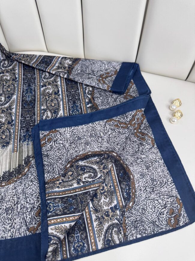 Etro Desen Pamuk İpek Şal 49733 - Petrol Mavisi
