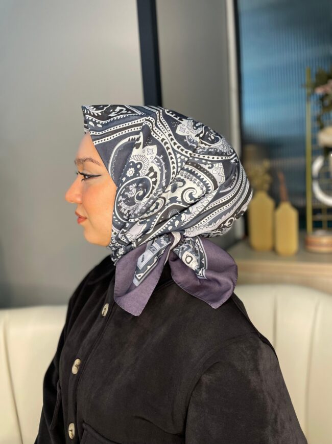 Retro Desen Pamuk Soft Eşarp 27092 -Kurşuni