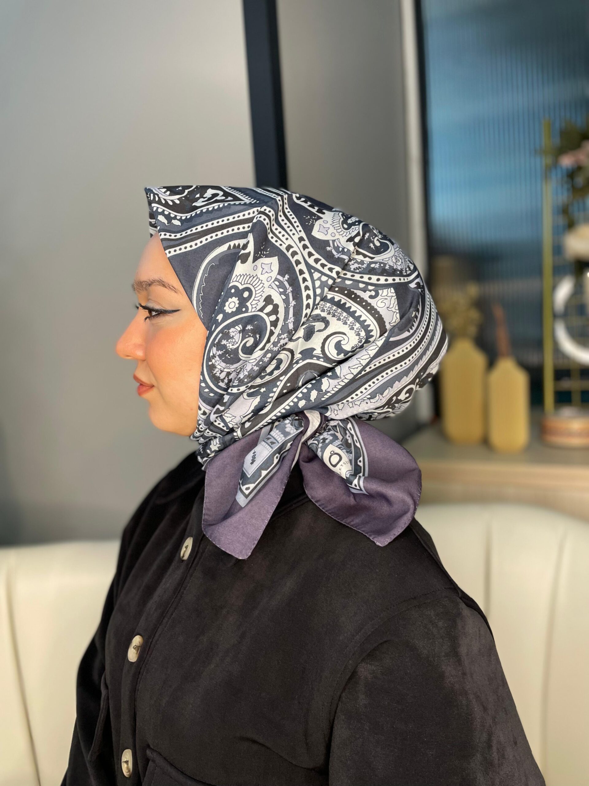 Retro Desen Pamuk Soft Eşarp 27092 -Kurşuni