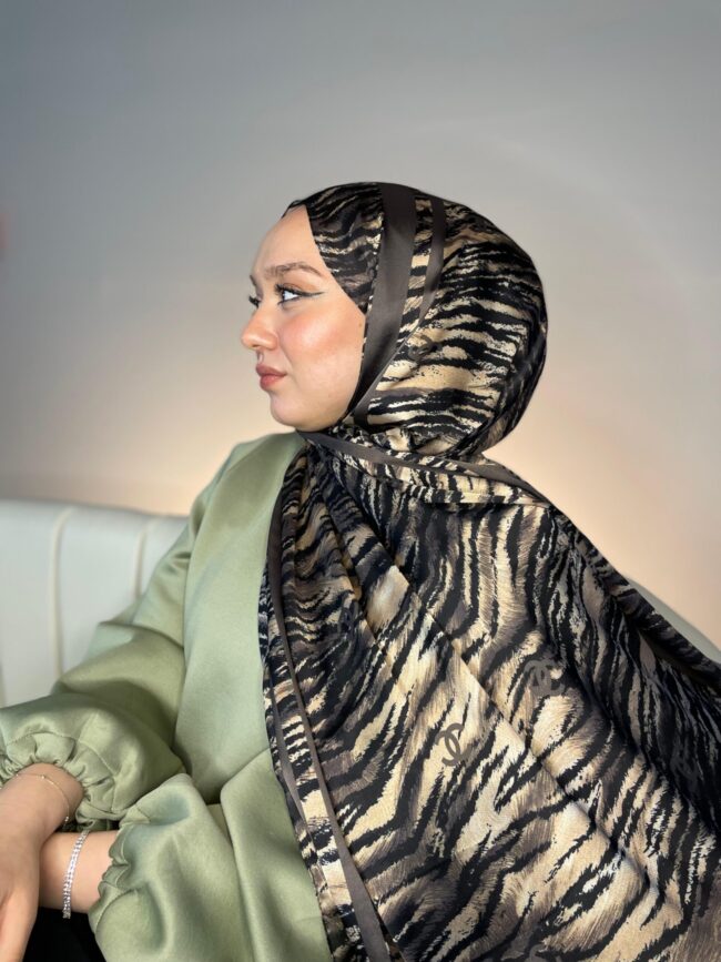 Çizgili leopar çifttaraflı vual ipek şal-43080- Vizon