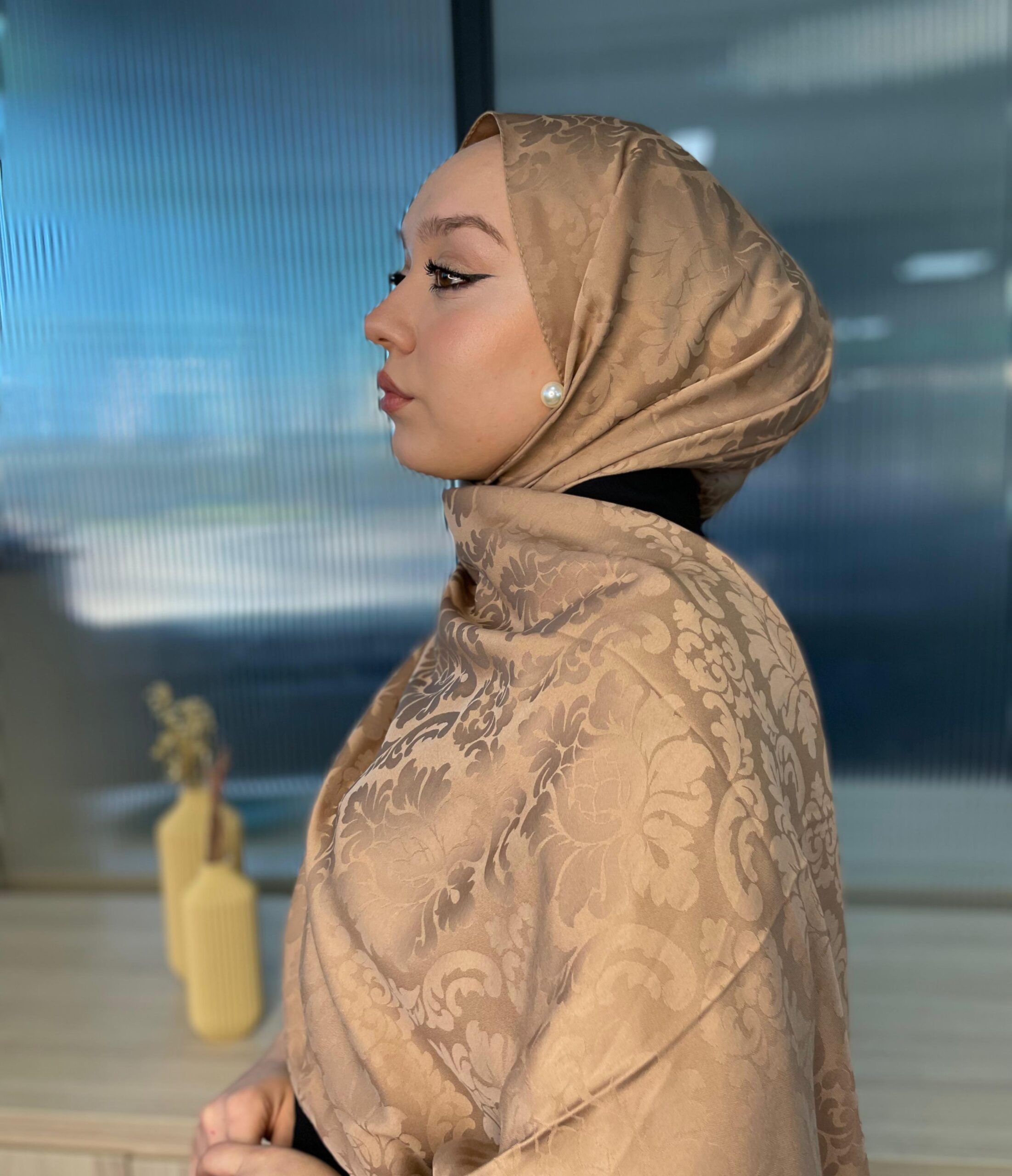 Ahenk Desen İpeksi Jakar Şal - 75395- Çikolata