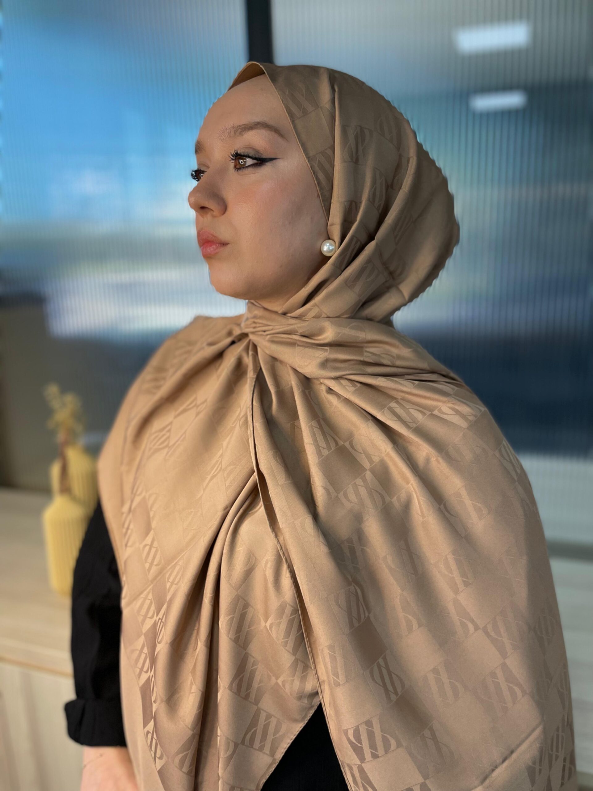 Özgün Desen İpeksi Jakar Şal - 75989- Camel